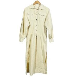 Free People Button Up Shirt Dress Maxi Cream Textured Button Pockets Modest - S